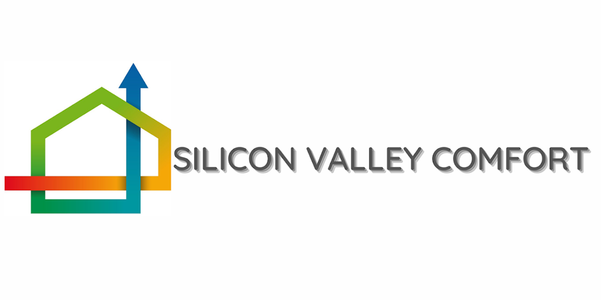 Silicon Valley Comfort HVAC logo featuring a stylized house outline formed by multicolored lines (green, yellow, red, teal) with a bold blue upward arrow representing airflow. The brand name 